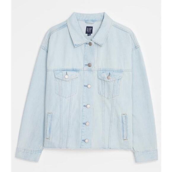 GAP Oversized Crop Denim Jacket XS Light Wash Raw Hem Icon Style NWT - Picture 1 of 8
